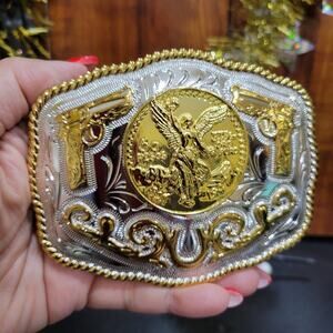 Centenario Cowboy Belt Buckle Western Hebilla Rodeo Silver & Gold Faux 50 Peso